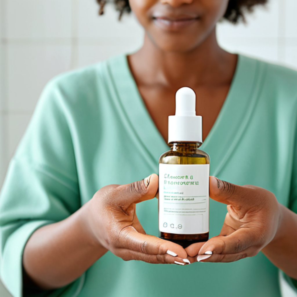A thoughtful woman with clear, healthy skin, holding a minimalist, refillable serum bottle in a brightly lit, modern bathroom. The bottle is made of frosted glass with a subtle, eco-friendly label, and a glimpse of a natural ingredient like a botanical extract is visible. She wears modest, comfortable clothing in soft, neutral tones. The background features blurred, clean lines and a hint of green plant life, emphasizing purity and sustainability. The image is a close-up, focusing on her well-formed hands and serene expression. Safe for work, appropriate content, fully clothed, professional dress, perfect anatomy, correct proportions, natural pose, well-formed hands, proper finger count, natural body proportions.