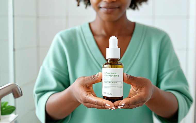 A thoughtful woman with clear, healthy skin, holding a minimalist, refillable serum bottle in a brightly lit, modern bathroom. The bottle is made of frosted glass with a subtle, eco-friendly label, and a glimpse of a natural ingredient like a botanical extract is visible. She wears modest, comfortable clothing in soft, neutral tones. The background features blurred, clean lines and a hint of green plant life, emphasizing purity and sustainability. The image is a close-up, focusing on her well-formed hands and serene expression. Safe for work, appropriate content, fully clothed, professional dress, perfect anatomy, correct proportions, natural pose, well-formed hands, proper finger count, natural body proportions.