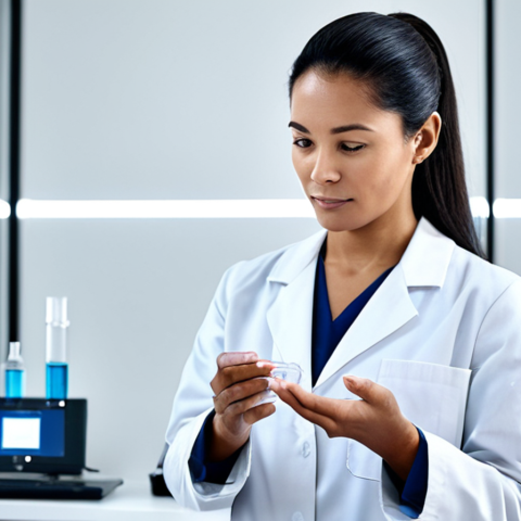 A professional female scientist in a fully clothed, modest white lab coat over a professional dress, standing in a pristine, modern skincare laboratory with blurred high-tech equipment and soft, diffused lighting. She is gently holding a transparent vial containing a viscous, clear liquid, representing a potent hydrating serum with Hyaluronic Acid and Ceramide. The focus is on scientific integrity and advanced skincare, rendered with high-resolution professional photography, soft focus, and depth of field. perfect anatomy, correct proportions, natural pose, well-formed hands, proper finger count, natural body proportions, safe for work, appropriate content, fully clothed, professional.
