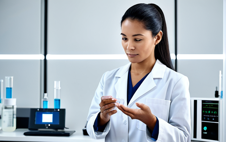 A professional female scientist in a fully clothed, modest white lab coat over a professional dress, standing in a pristine, modern skincare laboratory with blurred high-tech equipment and soft, diffused lighting. She is gently holding a transparent vial containing a viscous, clear liquid, representing a potent hydrating serum with Hyaluronic Acid and Ceramide. The focus is on scientific integrity and advanced skincare, rendered with high-resolution professional photography, soft focus, and depth of field. perfect anatomy, correct proportions, natural pose, well-formed hands, proper finger count, natural body proportions, safe for work, appropriate content, fully clothed, professional.
