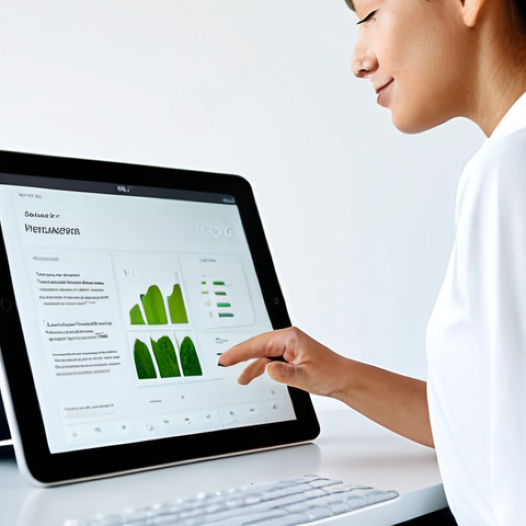 A professional woman in a modest business casual top and trousers, sitting at a clean modern desk, intently interacting with a tablet that displays a detailed interface of a sustainable beauty platform. The screen clearly shows ingredient transparency, ethical sourcing certifications, and AI-powered personalized product recommendations. The background is a bright, minimalist, and serene studio space, hinting at sustainability with soft natural light and a subtle, out-of-focus green plant. Perfect anatomy, correct proportions, natural pose, well-formed hands, proper finger count, natural body proportions, safe for work, appropriate content, fully clothed, professional dress, high quality, professional photography.