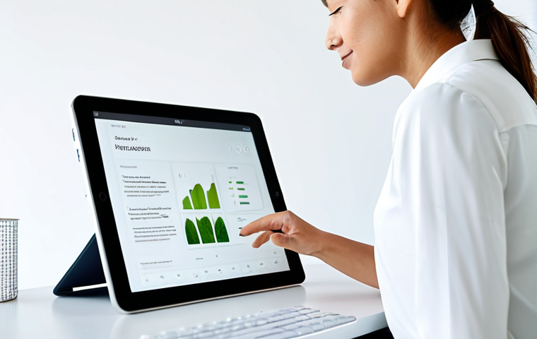 A professional woman in a modest business casual top and trousers, sitting at a clean modern desk, intently interacting with a tablet that displays a detailed interface of a sustainable beauty platform. The screen clearly shows ingredient transparency, ethical sourcing certifications, and AI-powered personalized product recommendations. The background is a bright, minimalist, and serene studio space, hinting at sustainability with soft natural light and a subtle, out-of-focus green plant. Perfect anatomy, correct proportions, natural pose, well-formed hands, proper finger count, natural body proportions, safe for work, appropriate content, fully clothed, professional dress, high quality, professional photography.