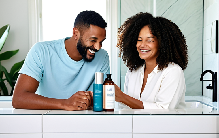 **
A diverse family (mother, father, child) using eco-friendly skincare products in a bright, minimalist bathroom. Focus on sustainable packaging and happy expressions. Fully clothed, modest attire, appropriate content, safe for work, perfect anatomy, natural proportions, family-friendly, high quality.
**
