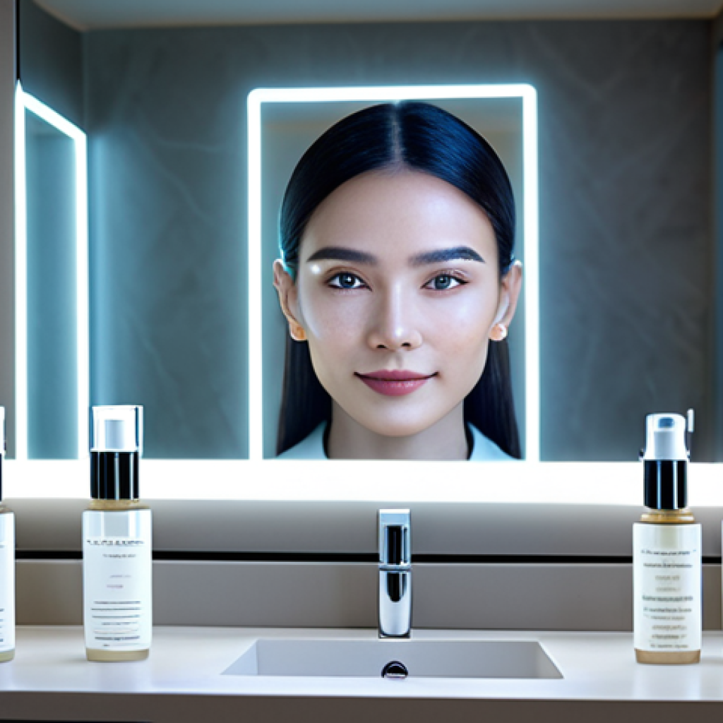 지속 가능한 뷰티와 혁신적인 기술 - **Prompt for AI-driven Personalized Beauty:**
A futuristic, brightly lit smart mirror with an el...