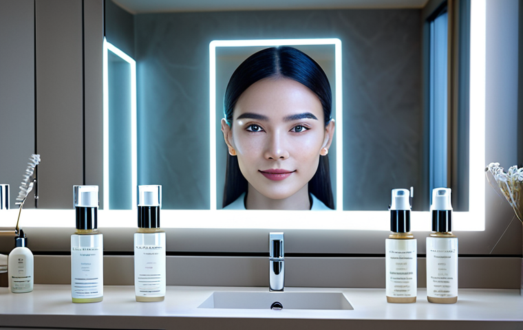 지속 가능한 뷰티와 혁신적인 기술 - **Prompt for AI-driven Personalized Beauty:**
    A futuristic, brightly lit smart mirror with an el...