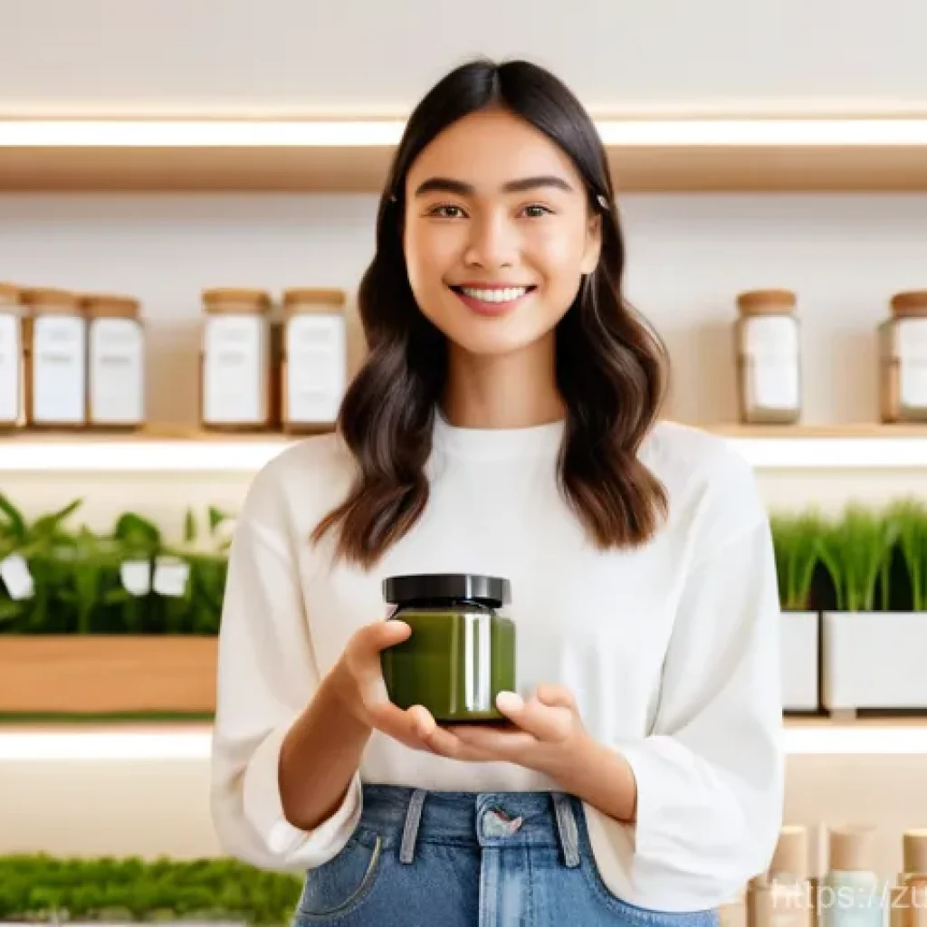 화장품 구매 시 지속 가능성 고려하기 - **Prompt 1: Conscious Consumer in a Modern Eco-Setting**
A bright and clean, modern aesthetic sh...