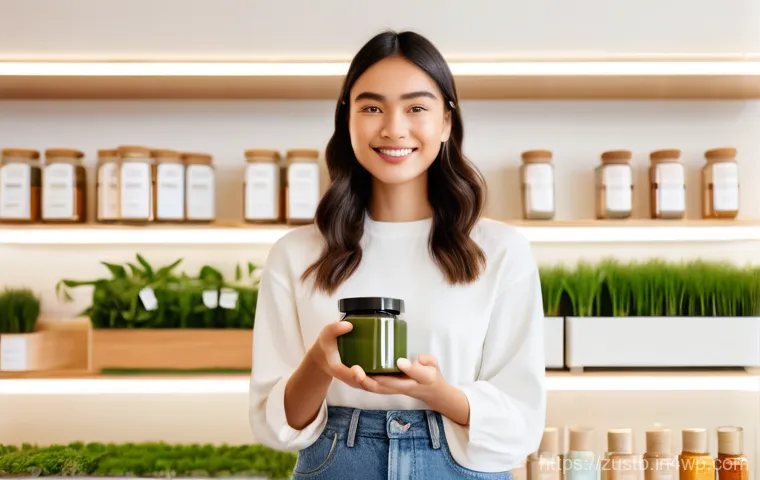 화장품 구매 시 지속 가능성 고려하기 - **Prompt 1: Conscious Consumer in a Modern Eco-Setting**
    A bright and clean, modern aesthetic sh...