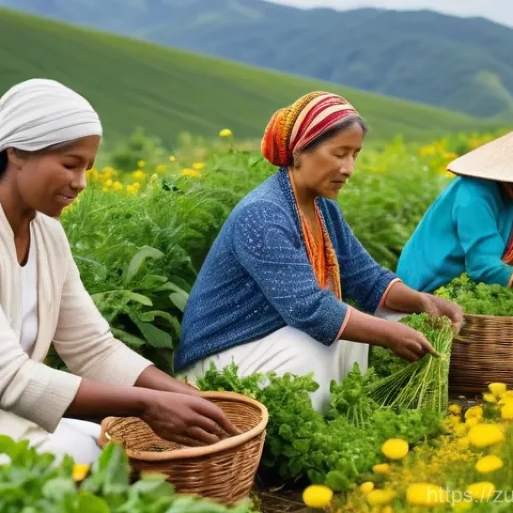 지속 가능한 뷰티 브랜드의 스토리 - **Prompt 1: Sustainable Ingredient Harvesting**
    A wide shot of a diverse group of adults (men an...
