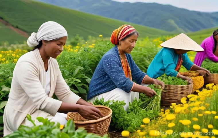 지속 가능한 뷰티 브랜드의 스토리 - **Prompt 1: Sustainable Ingredient Harvesting**
    A wide shot of a diverse group of adults (men an...
