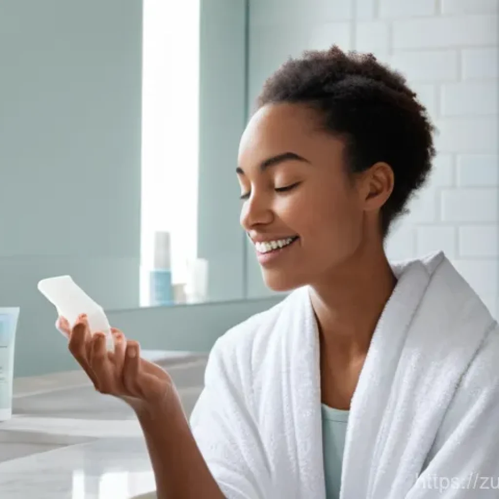 친환경 뷰티 제품의 사용법 - A young woman with radiant, natural skin is performing a gentle facial cleanse in a bright, minimali...