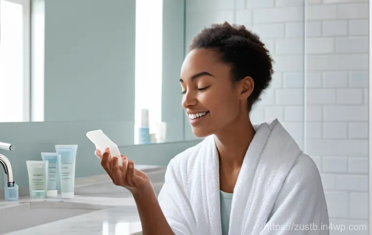 친환경 뷰티 제품의 사용법 - A young woman with radiant, natural skin is performing a gentle facial cleanse in a bright, minimali...