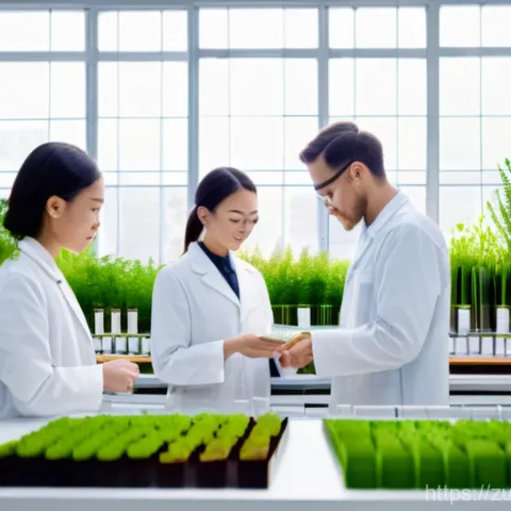 지속 가능한 뷰티 브랜드의 사회적 책임 - A brightly lit, clean beauty lab setting with diverse scientists, male and female, in white coats, m...