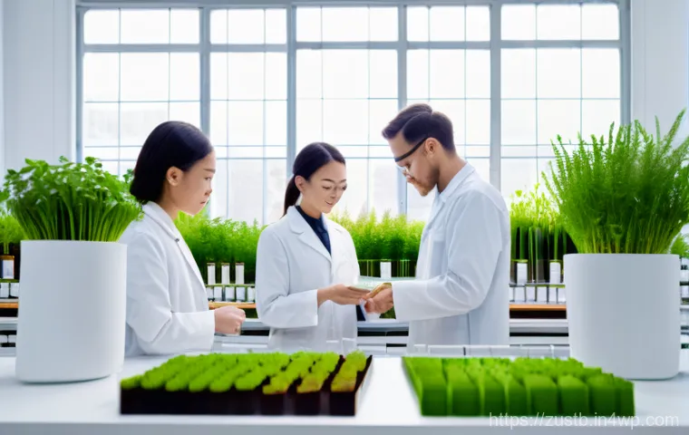 지속 가능한 뷰티 브랜드의 사회적 책임 - A brightly lit, clean beauty lab setting with diverse scientists, male and female, in white coats, m...