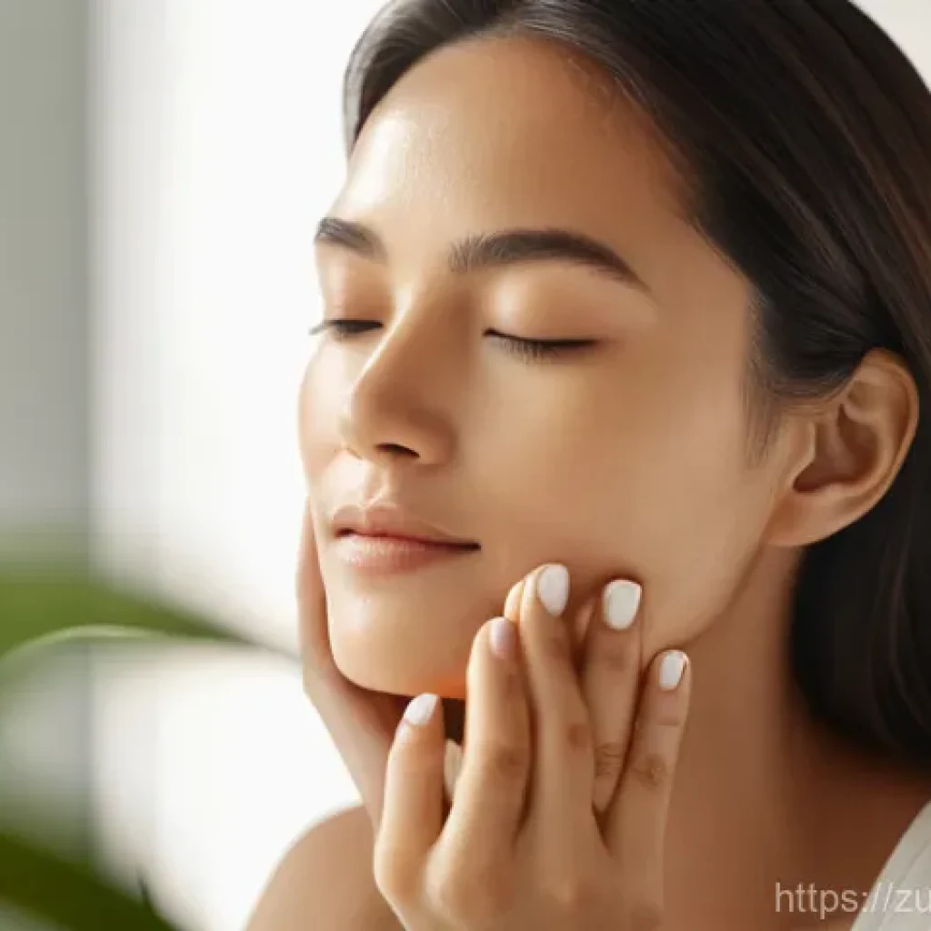 지속 가능한 뷰티 제품의 실제 사용 후기 - A serene and radiant woman in her late 20s to early 30s, with clear, glowing skin, gently applying a...