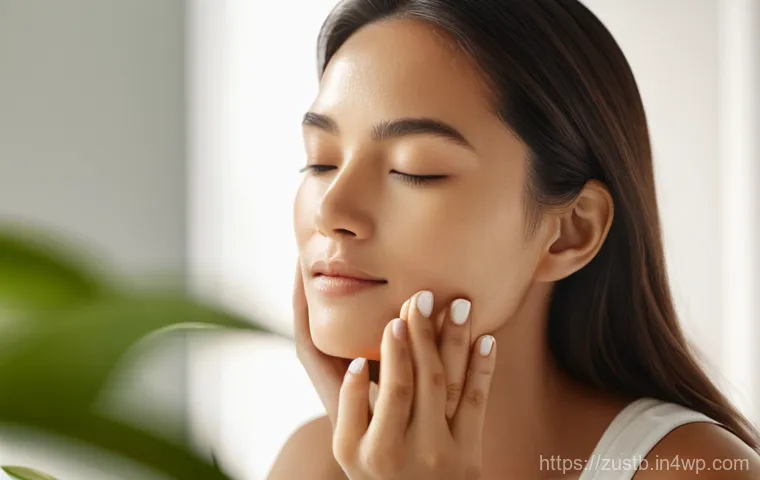 지속 가능한 뷰티 제품의 실제 사용 후기 - A serene and radiant woman in her late 20s to early 30s, with clear, glowing skin, gently applying a...