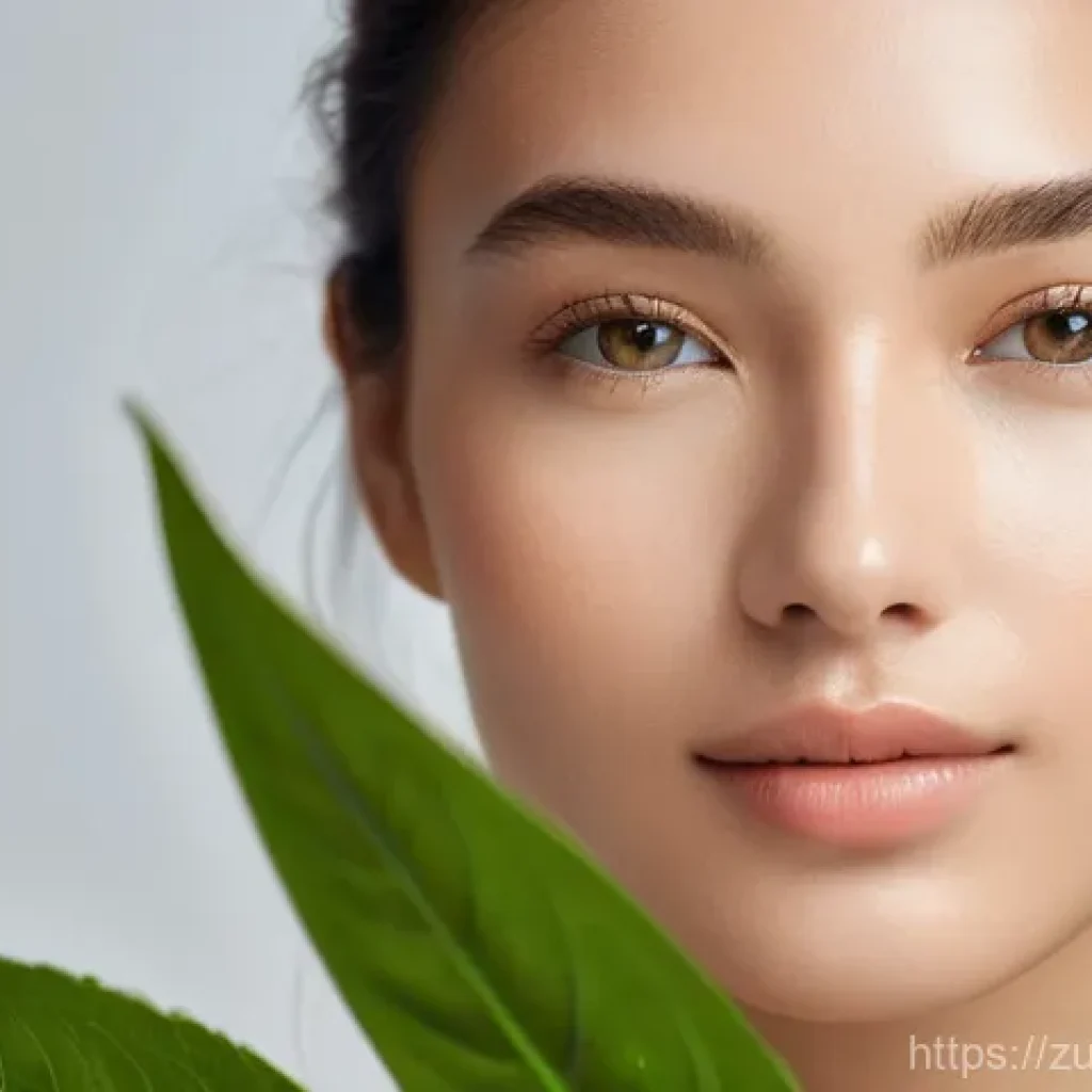 에코 프렌들리 메이크업 트렌드 - **Prompt:** A serene young woman with clear, glowing skin applying a sheer, natural-looking foundati...