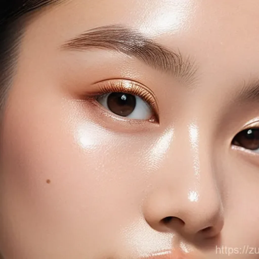 비건 메이크업 아티스트의 팁 - **Prompt:** A close-up portrait of a young East Asian woman with radiant, healthy skin, showcasing a...