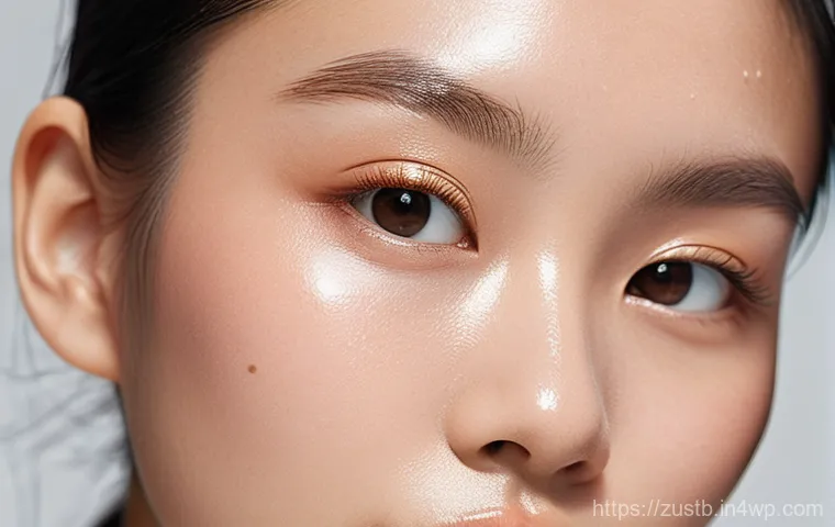 비건 메이크업 아티스트의 팁 - **Prompt:** A close-up portrait of a young East Asian woman with radiant, healthy skin, showcasing a...