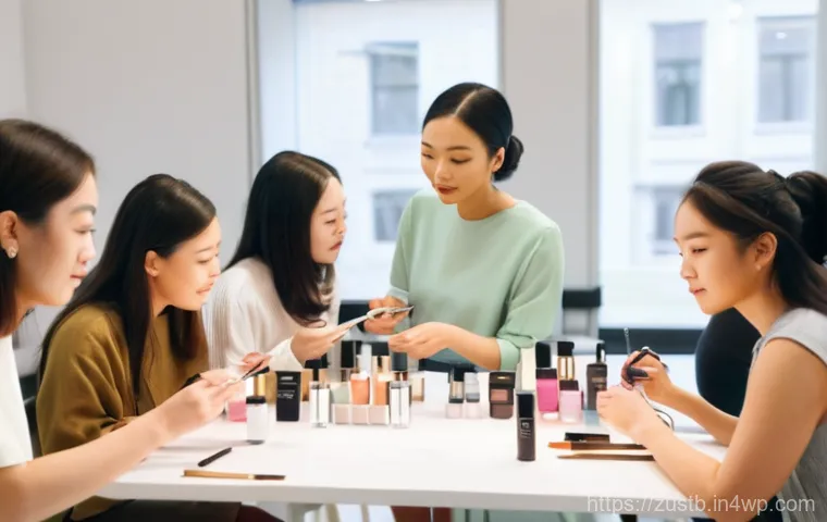 비건 메이크업 아티스트의 팁 - **Prompt:** A detailed shot focusing on the eyes and cheek area of a vibrant young East Asian woman,...