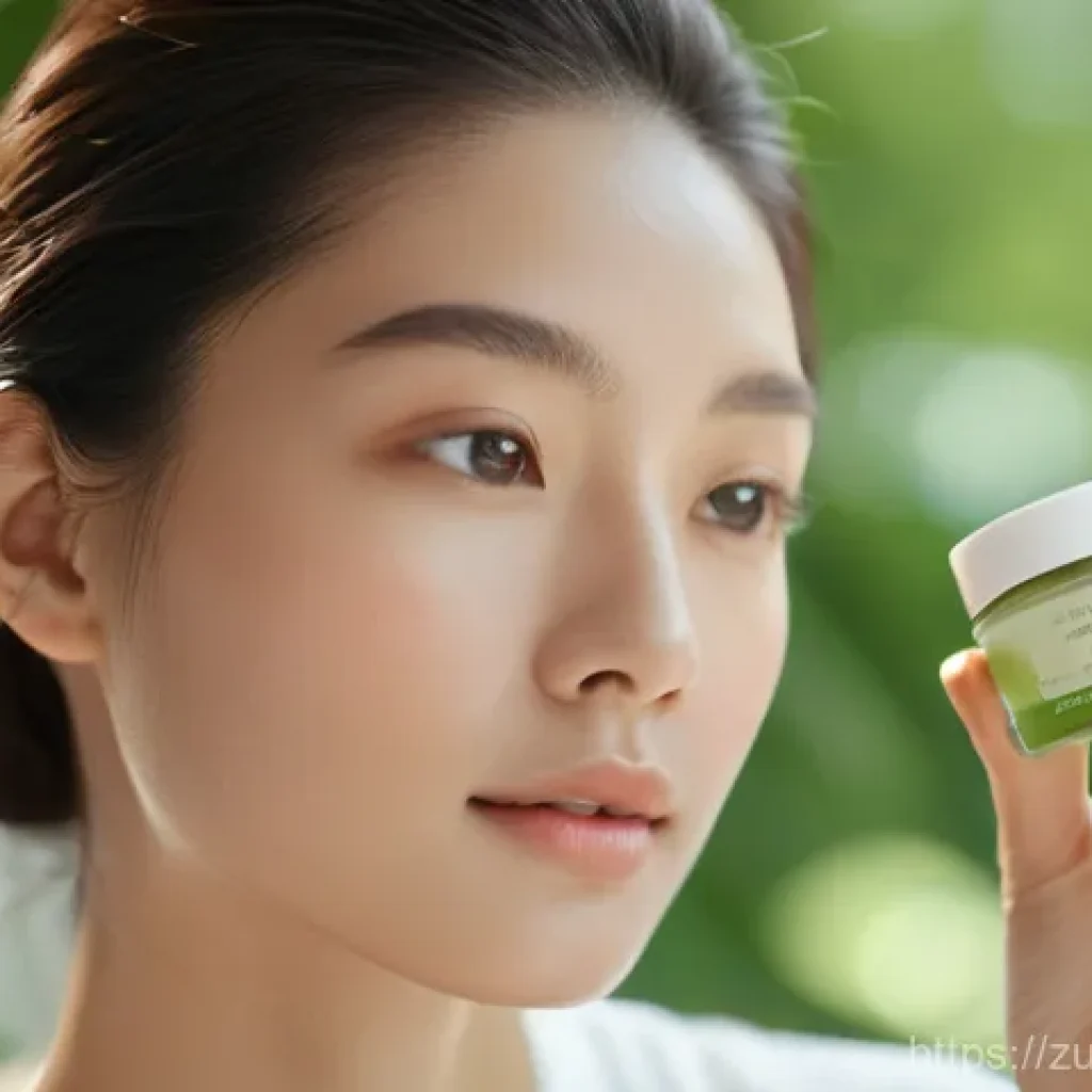 친환경 뷰티 제품의 효과적인 사용법 - **Prompt:** A serene, sunlit close-up shot of a young woman with a radiant, healthy complexion, gent...