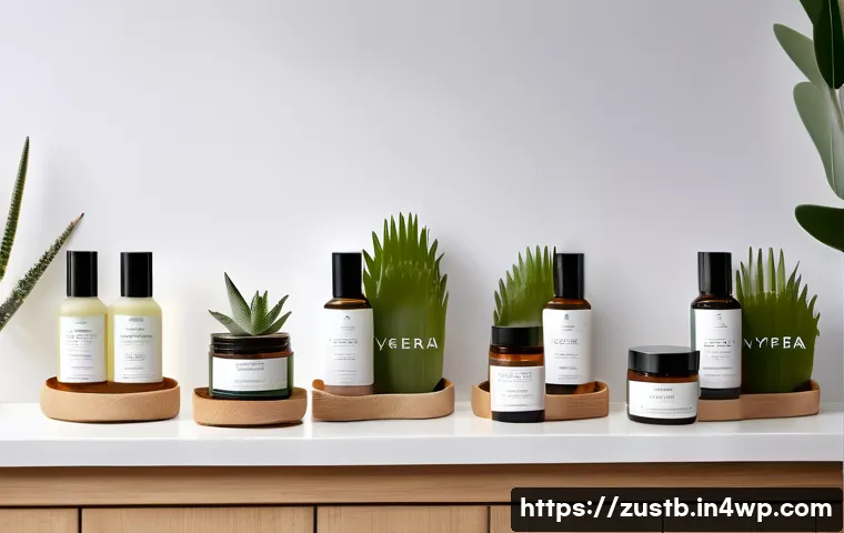 고급 지속 가능한 화장품의 특징 - A luxurious sustainable skincare product display featuring eco-friendly packaging made from recycled...