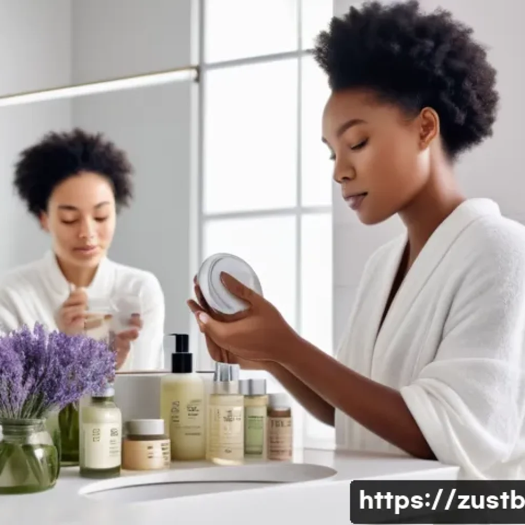 비건 뷰티 제품의 부작용 및 주의사항 - A serene skincare scene featuring a diverse group of women with different skin types—sensitive, dry,...