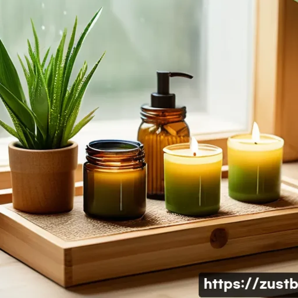 제로 웨이스트 뷰티 루틴 만들기 - A serene, eco-friendly beauty station featuring bamboo and glass skincare containers arranged neatly...
