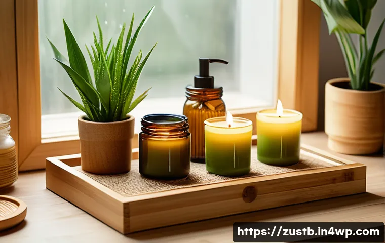 제로 웨이스트 뷰티 루틴 만들기 - A serene, eco-friendly beauty station featuring bamboo and glass skincare containers arranged neatly...