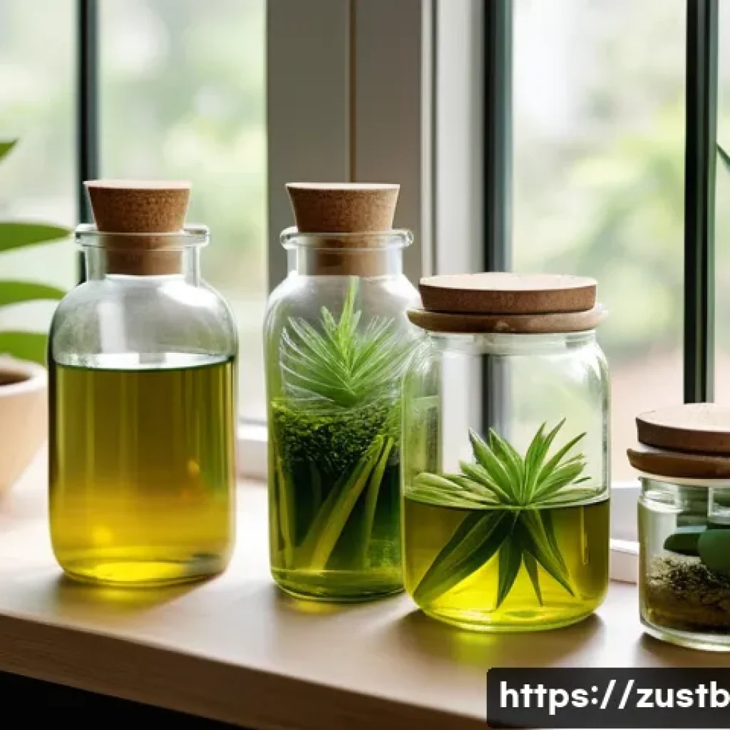 지속 가능한 뷰티 제품의 필수 정보 - A serene natural skincare setting featuring glass bottles and jars filled with eco-friendly ingredie...