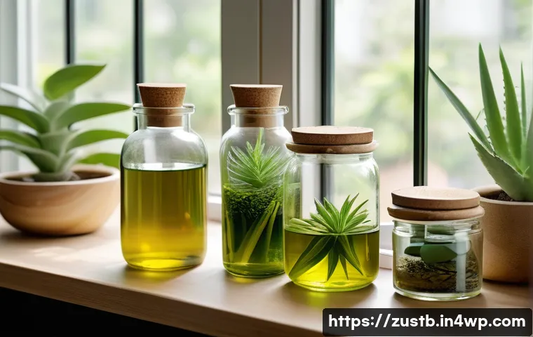 지속 가능한 뷰티 제품의 필수 정보 - A serene natural skincare setting featuring glass bottles and jars filled with eco-friendly ingredie...