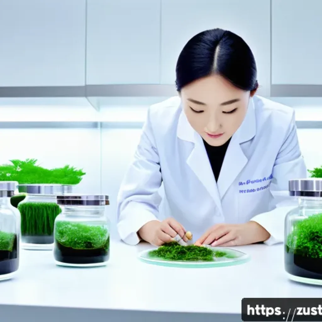 지속 가능한 뷰티의 미래 변화 예측 - A modern beauty laboratory scene showcasing eco-friendly innovation: focus on scientists in white la...