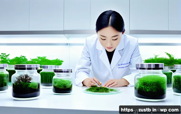 지속 가능한 뷰티의 미래 변화 예측 - A modern beauty laboratory scene showcasing eco-friendly innovation: focus on scientists in white la...