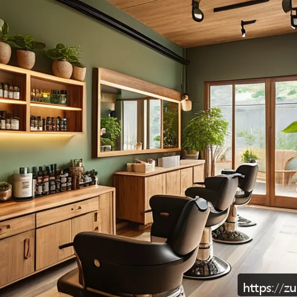 프랜차이즈가 아닌 지속 가능한 뷰티 살롱 찾기 - A cozy, eco-friendly hair salon interior bathed in natural sunlight, featuring sustainable wooden fu...