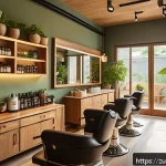 프랜차이즈가 아닌 지속 가능한 뷰티 살롱 찾기 - A cozy, eco-friendly hair salon interior bathed in natural sunlight, featuring sustainable wooden fu...