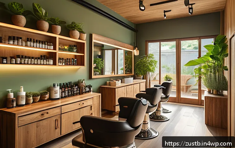 프랜차이즈가 아닌 지속 가능한 뷰티 살롱 찾기 - A cozy, eco-friendly hair salon interior bathed in natural sunlight, featuring sustainable wooden fu...