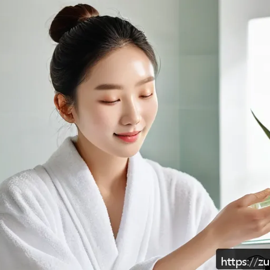 자연주의 뷰티 루틴을 위한 팁 - A serene skincare scene featuring a woman with clear, glowing skin gently applying aloe vera toner w...