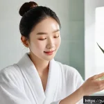 자연주의 뷰티 루틴을 위한 팁 - A serene skincare scene featuring a woman with clear, glowing skin gently applying aloe vera toner w...