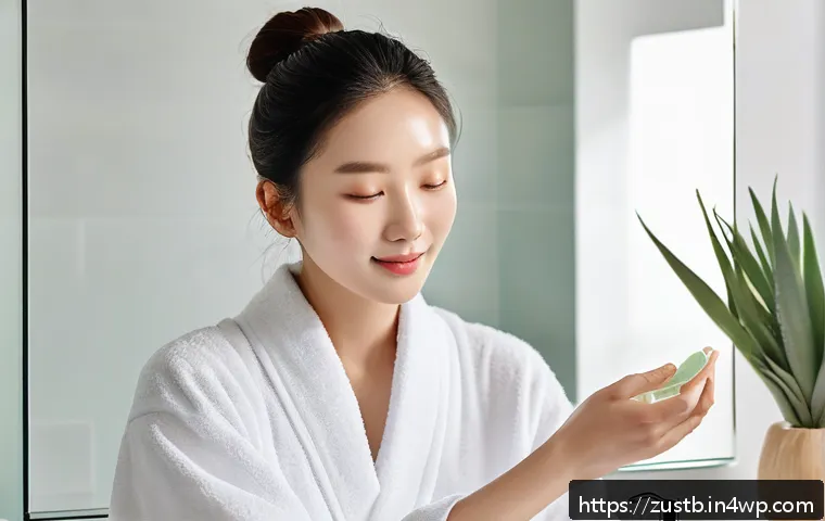 자연주의 뷰티 루틴을 위한 팁 - A serene skincare scene featuring a woman with clear, glowing skin gently applying aloe vera toner w...